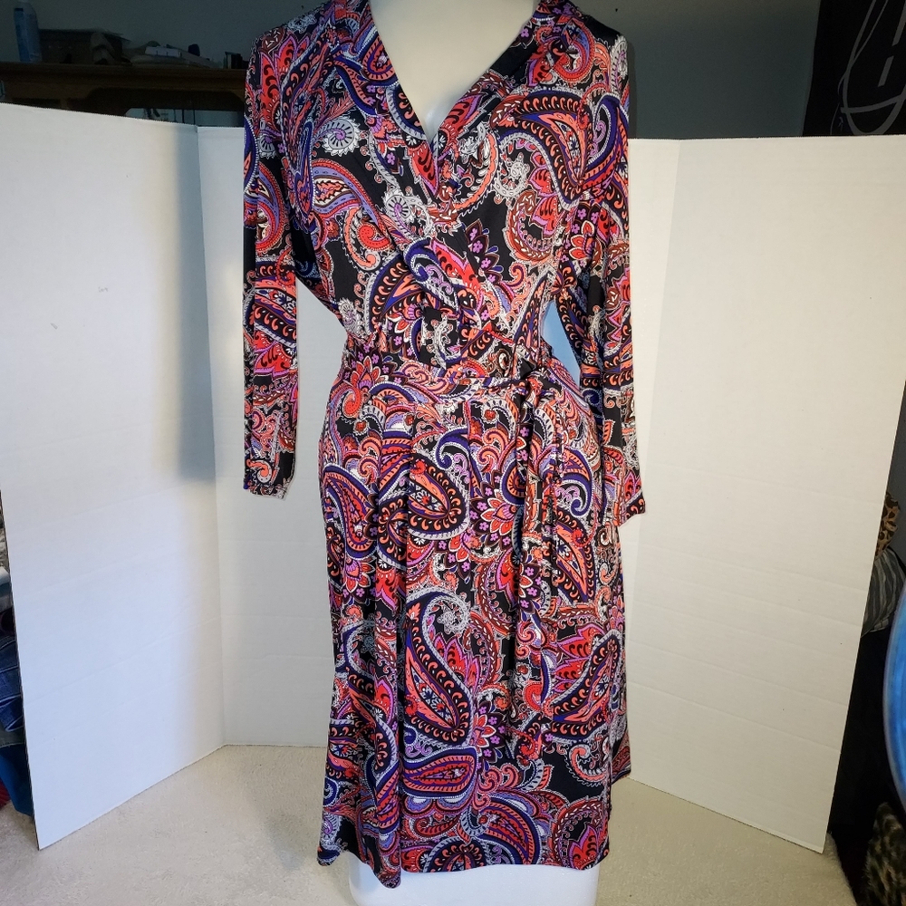 Liz Claiborne Paisley Wrap 3/4 sleeve Midi Dress size L